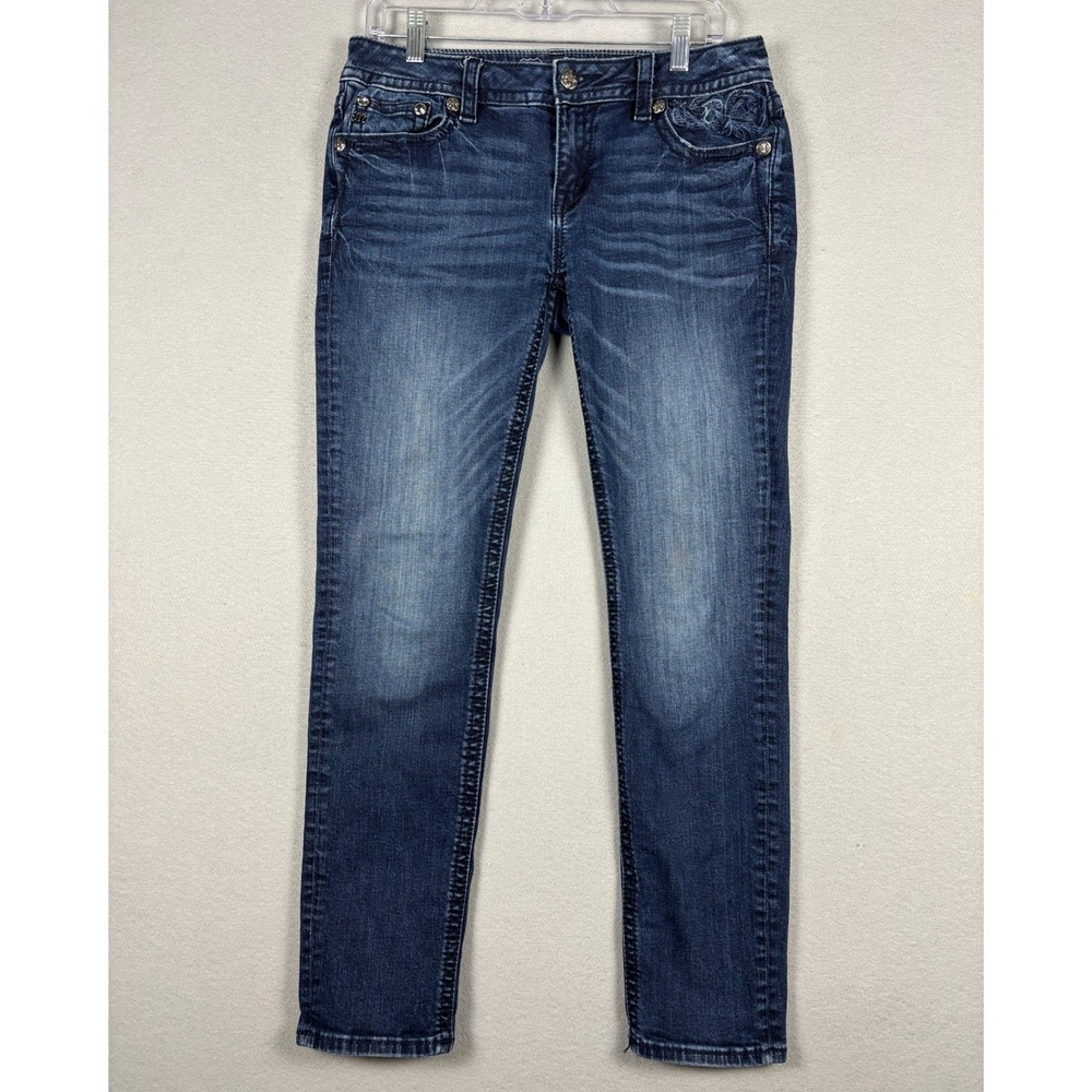 Miss Me Signature Cuffed Skinny Jeans Floral Embroidered 30 Dark Blue JP7184CK2